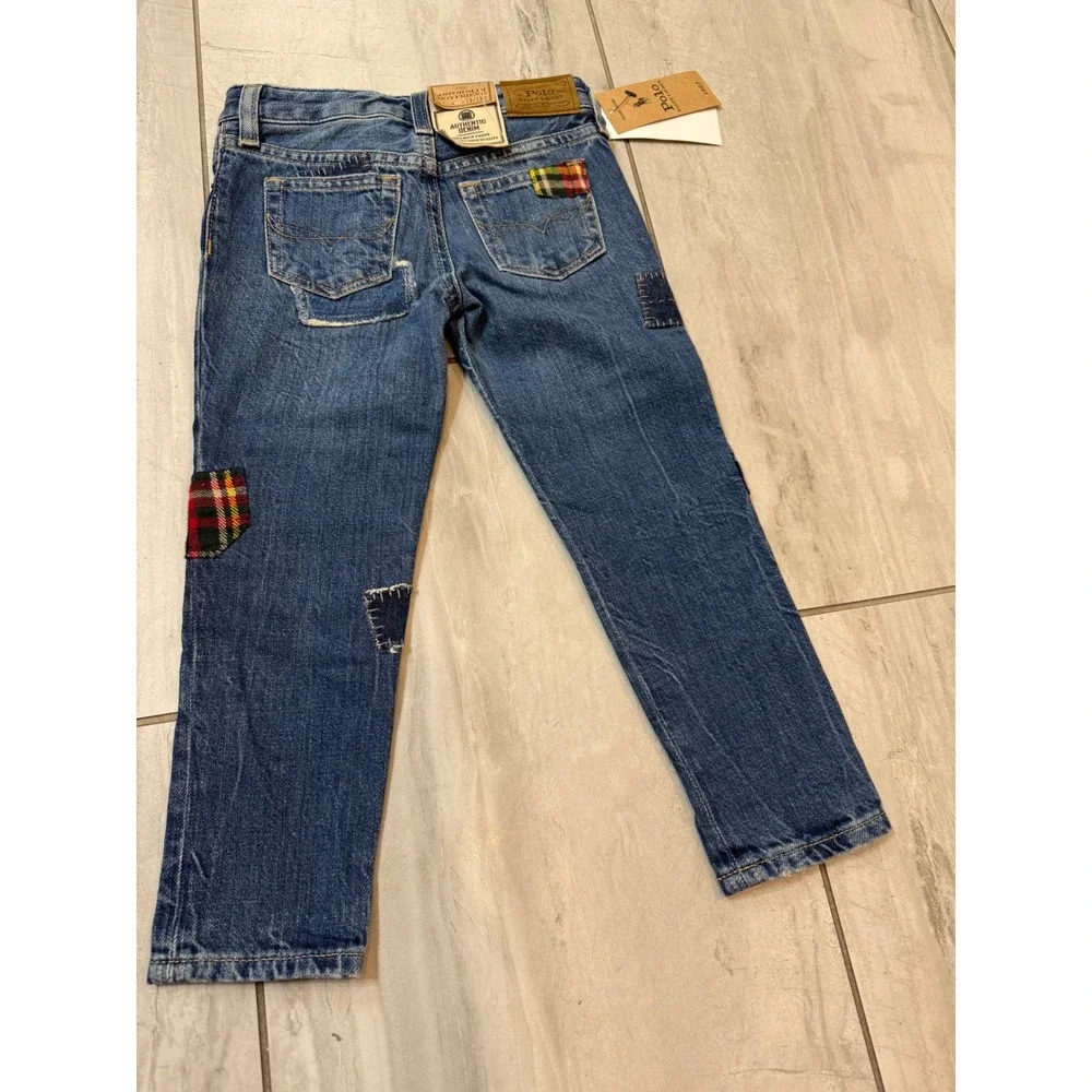 Polo Ralph Lauren Kids Patchwork Astor Slim Boyfriend Jeans Blue Plaid 3T NWT
